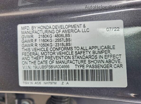 19UUB5F58NA004666 2022 ACURA TLX Gray Շարժիչի բաժամունքի տեսք