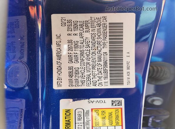 19UUB5F59MA011124 2021 ACURA TLX Blue Vista del compartimento del motor