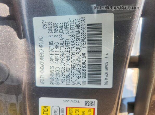 19UUB5F5XMA012704 2021 ACURA TLX Gray VIN sticker view
