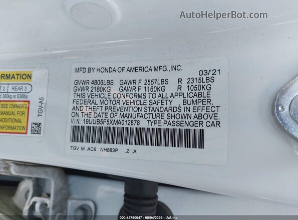 19UUB5F5XMA012878 2021 ACURA TLX White ძრავის განყოფილების ხედი