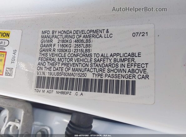 19UUB5F60MA015250 2021 ACURA TLX White ძრავის განყოფილების ხედი
