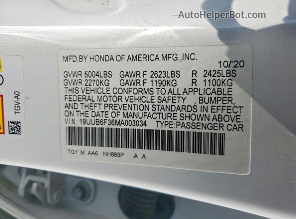 19UUB6F36MA003034 2021 ACURA TLX Белый Вид подкапотного пространства