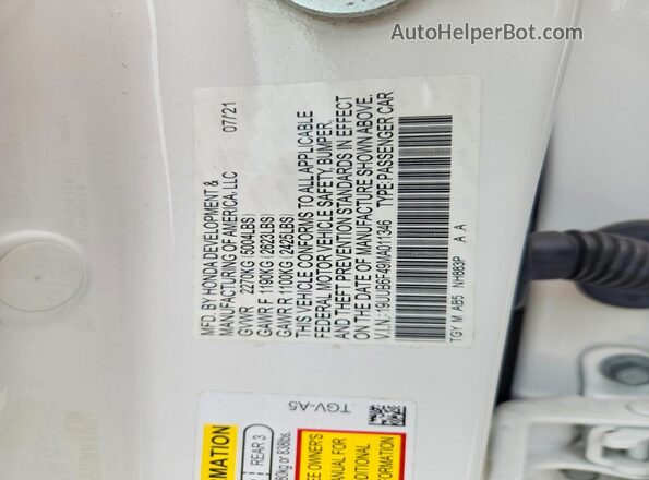 19UUB6F49MA011346 2021 ACURA TLX Белый Вид наклейки с VIN-кодом