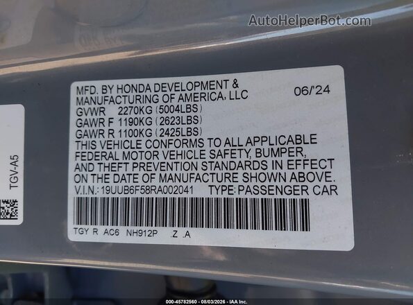 19UUB6F58RA002041 2024 ACURA TLX Gray ძრავის განყოფილების ხედი