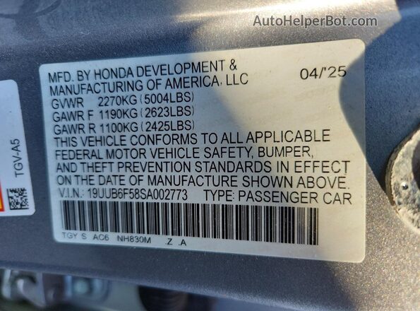 19UUB6F58SA002773 2025 ACURA TLX Серебряный Вид наклейки с VIN-кодом