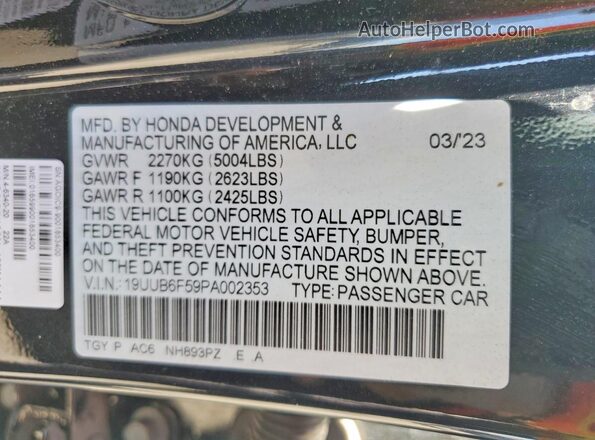 19UUB6F59PA002353 2023 ACURA TLX Black Շարժիչի բաժամունքի տեսք