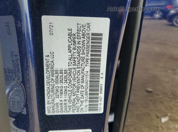 19UUB6F62MA011514 2021 ACURA TLX Blue VIN კოდის სტიკერის ხედი