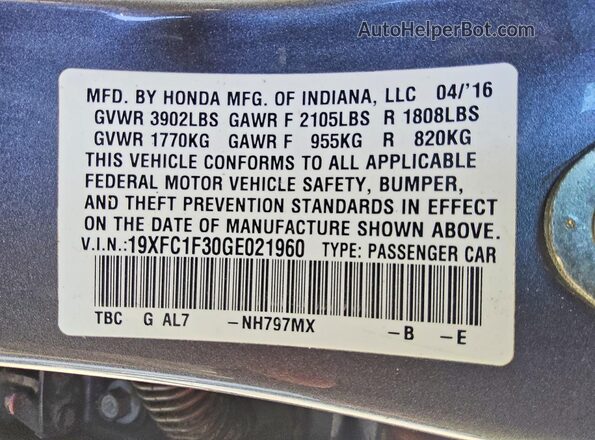 19XFC1F30GE021960 2016 HONDA CIVIC Gray Widok komory silnika