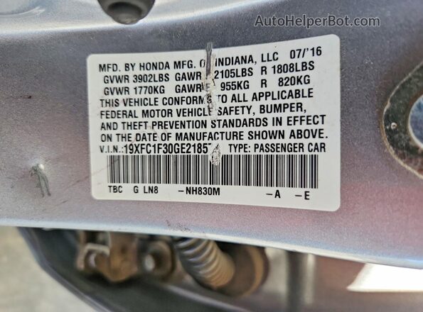 19XFC1F30GE218577 2016 HONDA CIVIC Silver Vista de la etiqueta del VIN