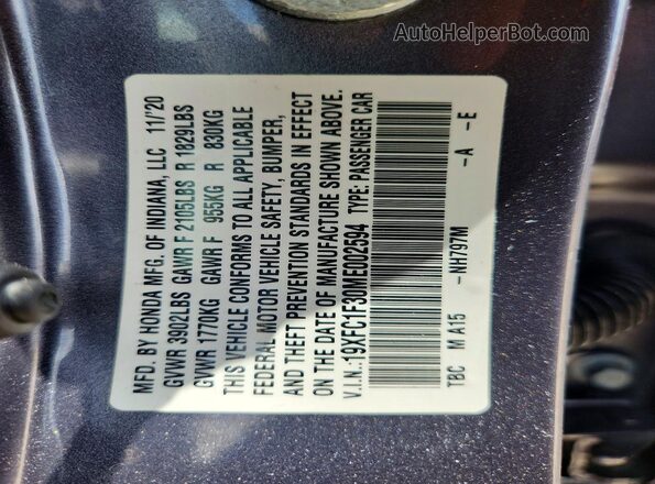 19XFC1F30ME002594 2021 HONDA CIVIC Gray Vista de la etiqueta del VIN
