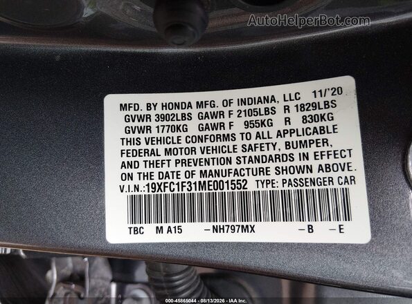 19XFC1F31ME001552 2021 HONDA CIVIC Gray Widok komory silnika