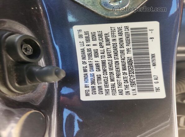 19XFC1F32GE040641 2016 HONDA CIVIC Gray VIN კოდის სტიკერის ხედი