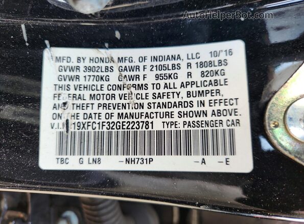 19XFC1F32GE223781 2016 HONDA CIVIC Black Widok komory silnika