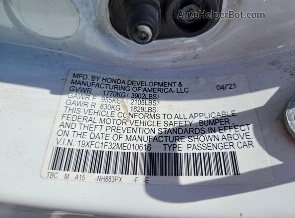 19XFC1F32ME010616 2021 HONDA CIVIC White Вид підкапотного простору