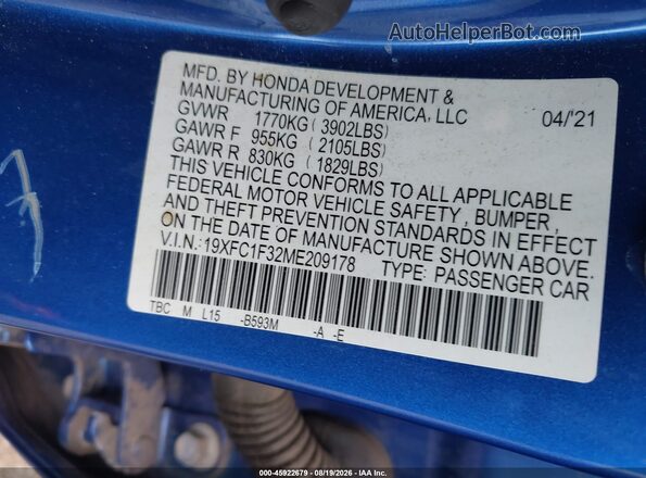 19XFC1F32ME209178 2021 HONDA CIVIC Blue ძრავის განყოფილების ხედი