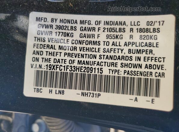 19XFC1F33HE209115 2017 HONDA CIVIC Black Engine compartment view