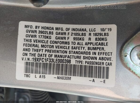 19XFC1F33LE000398 2020 HONDA CIVIC Silver Engine compartment view