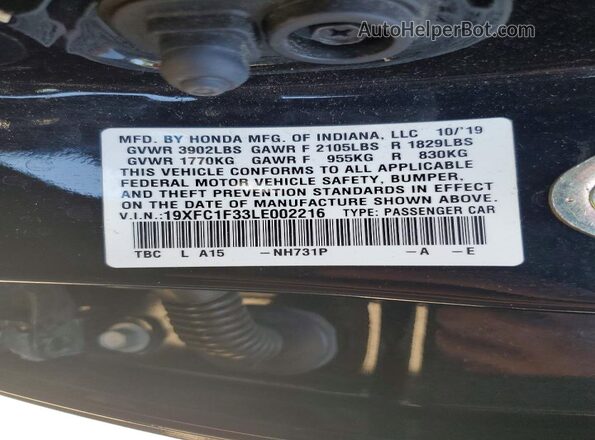 19XFC1F33LE002216 2020 HONDA CIVIC Black ძრავის განყოფილების ხედი