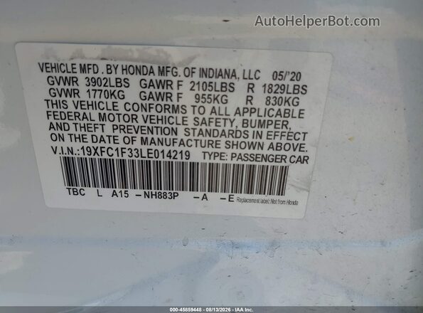 19XFC1F33LE014219 2020 HONDA CIVIC White ძრავის განყოფილების ხედი
