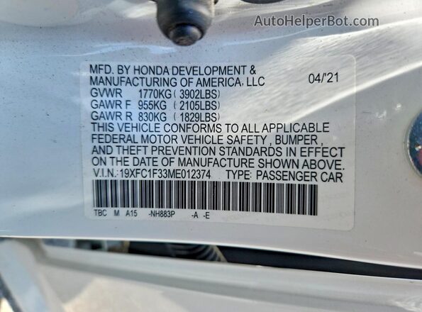 19XFC1F33ME012374 2021 HONDA CIVIC White ძრავის განყოფილების ხედი