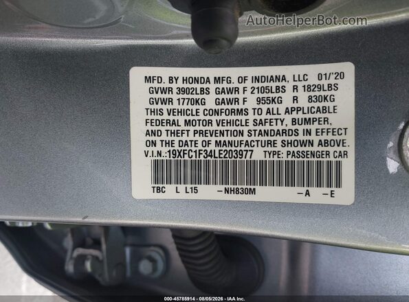 19XFC1F34LE203977 2020 HONDA CIVIC Gray Շարժիչի բաժամունքի տեսք