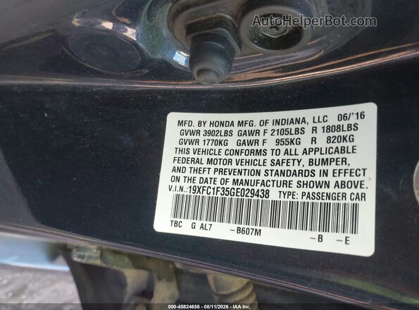 19XFC1F35GE029438 2016 HONDA CIVIC Black Widok komory silnika
