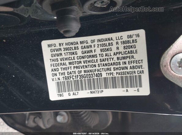 19XFC1F35GE037409 2016 HONDA CIVIC Black Widok komory silnika