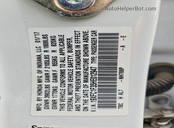 19XFC1F35HE012947 2017 HONDA CIVIC White Вид наклейки з VIN-кодом