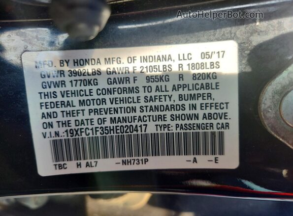 19XFC1F35HE020417 2017 HONDA CIVIC Black Вид підкапотного простору