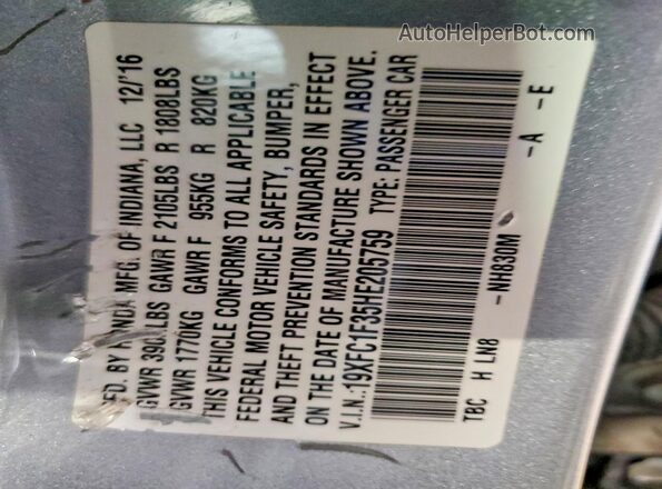 19XFC1F35HE205759 2017 HONDA CIVIC Silver Vista del compartimento del motor