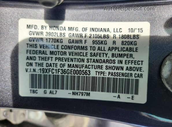 19XFC1F36GE000563 2016 HONDA CIVIC Gray Widok komory silnika