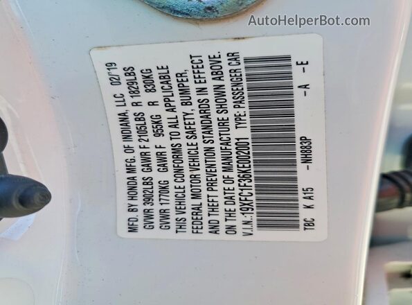 19XFC1F36KE002001 2019 HONDA CIVIC White Vista de la etiqueta del VIN