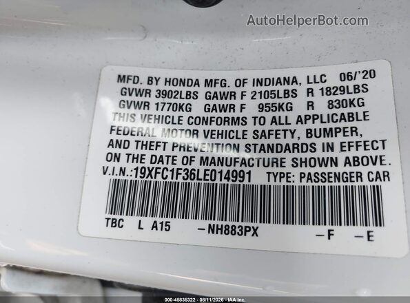 19XFC1F36LE014991 2020 HONDA CIVIC Белый Вид подкапотного пространства