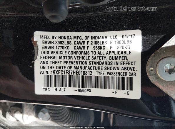 19XFC1F37HE010813 2017 HONDA CIVIC Black Вид підкапотного простору