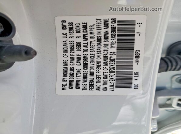 19XFC1F37KE207164 2019 HONDA CIVIC Белый Вид наклейки с VIN-кодом
