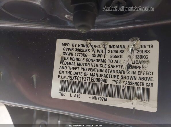 19XFC1F37LE000940 2020 HONDA CIVIC Gray Widok komory silnika