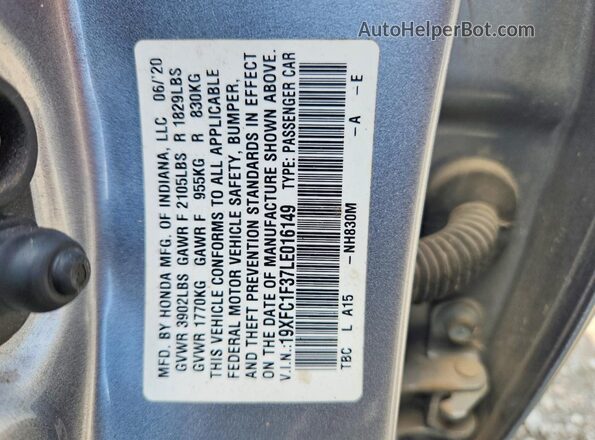 19XFC1F37LE016149 2020 HONDA CIVIC Silver VIN კოდის სტიკერის ხედი