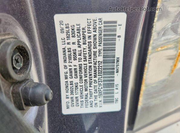 19XFC1F37LE022212 2020 HONDA CIVIC Gray ძრავის განყოფილების ხედი