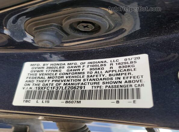 19XFC1F37LE206291 2020 HONDA CIVIC Charcoal Engine compartment view