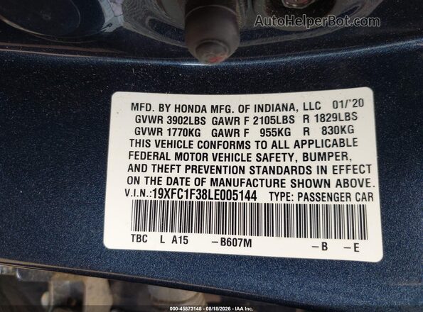 19XFC1F38LE005144 2020 HONDA CIVIC Blue Engine compartment view