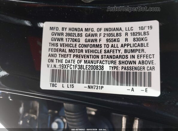 19XFC1F38LE200838 2020 HONDA CIVIC Black Вид підкапотного простору