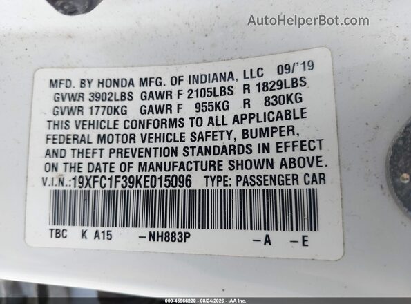 19XFC1F39KE015096 2019 HONDA CIVIC White Vista del compartimento del motor
