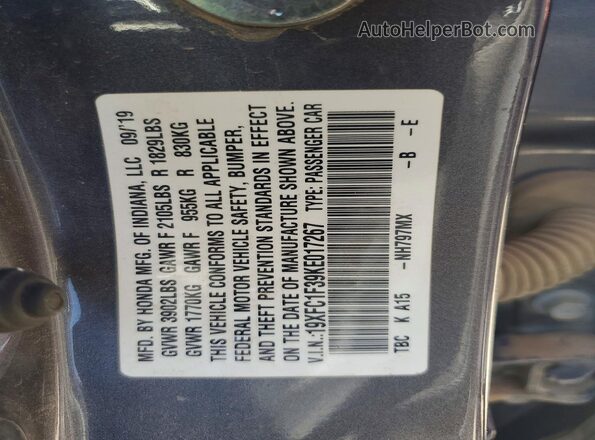 19XFC1F39KE017267 2019 HONDA CIVIC Charcoal Widok komory silnika