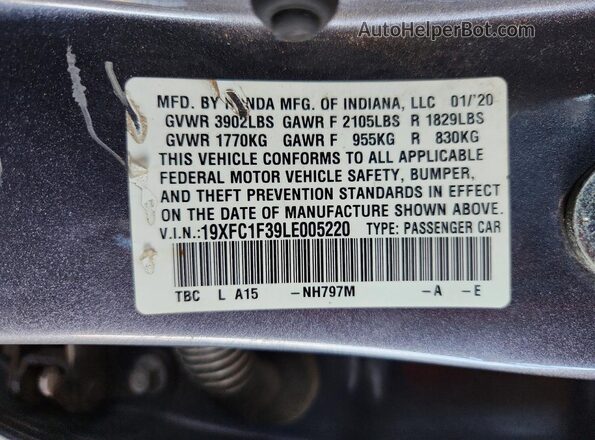 19XFC1F39LE005220 2020 HONDA CIVIC Gray Շարժիչի բաժամունքի տեսք