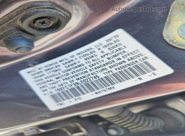 19XFC1F39LE022745 2020 HONDA CIVIC Gray Widok komory silnika