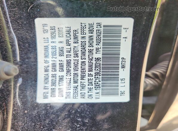 19XFC1F39LE203196 2020 HONDA CIVIC Black Vista del compartimento del motor