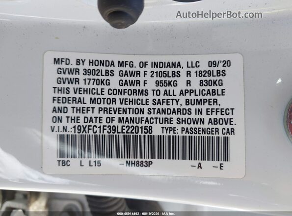 19XFC1F39LE220158 2020 HONDA CIVIC White Vista del compartimento del motor