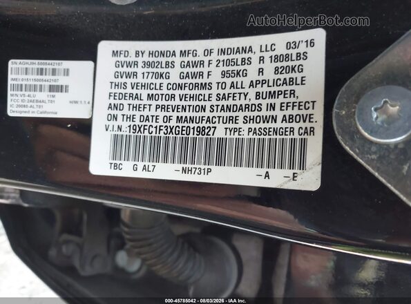 19XFC1F3XGE019827 2016 HONDA CIVIC Black Вид підкапотного простору
