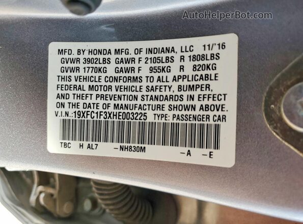 19XFC1F3XHE003225 2017 HONDA CIVIC Silver Widok naklejki z numerem VIN