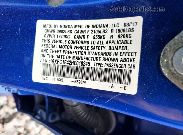19XFC1F42HE018245 2017 HONDA CIVIC Blue Widok komory silnika